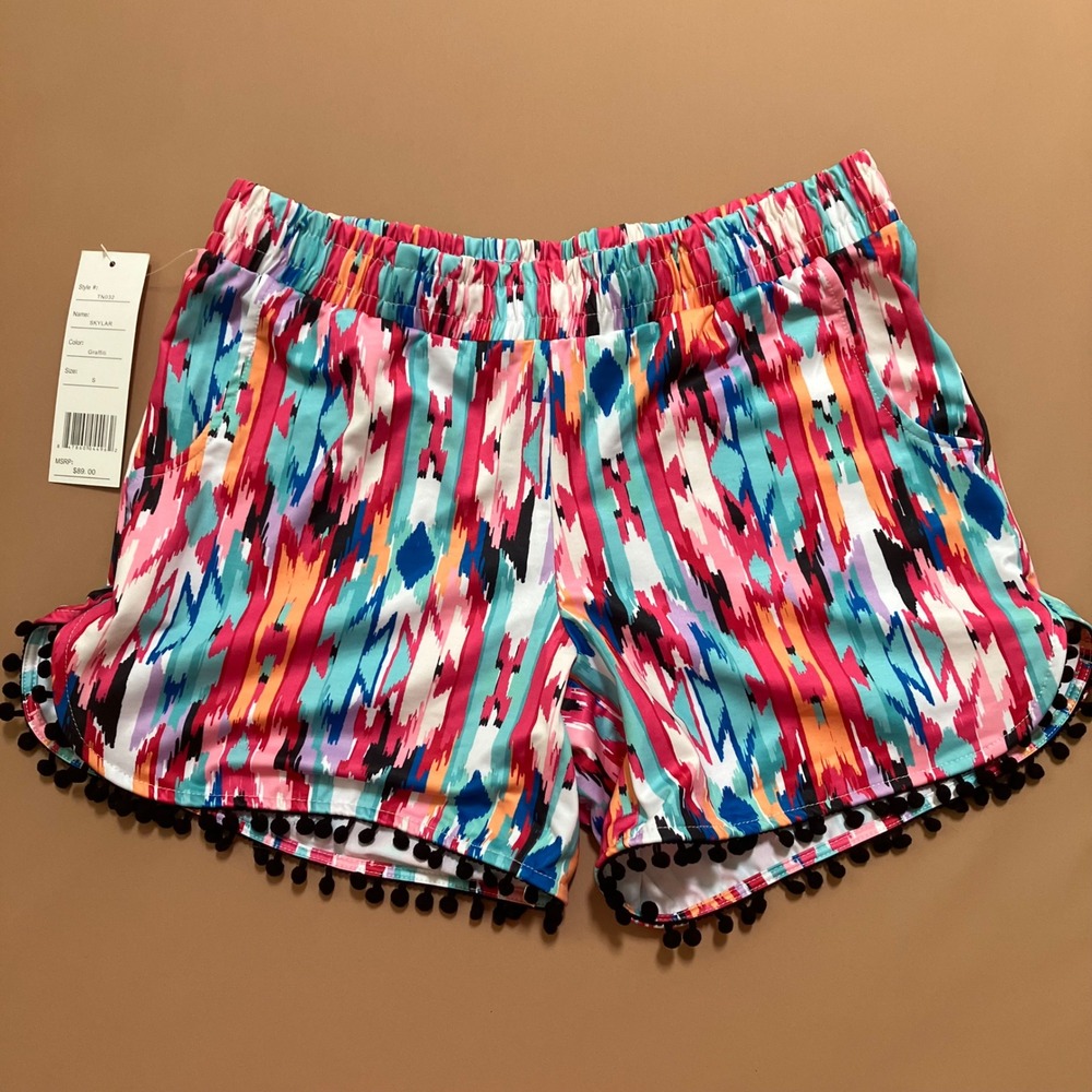 Tracy Negoshian Skylar Pom Pom Shorts Graffiti Print‎ Elastic Waist S New $89